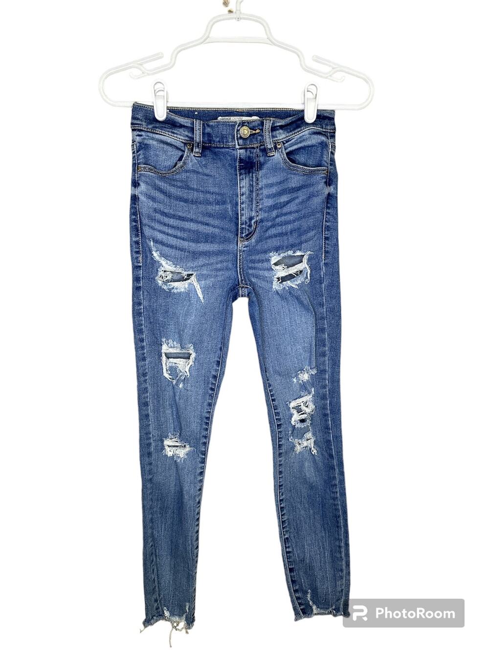Garage Blue Jean Denim Ultra High Rise High Waisted Distressed Raw Hem Size 24